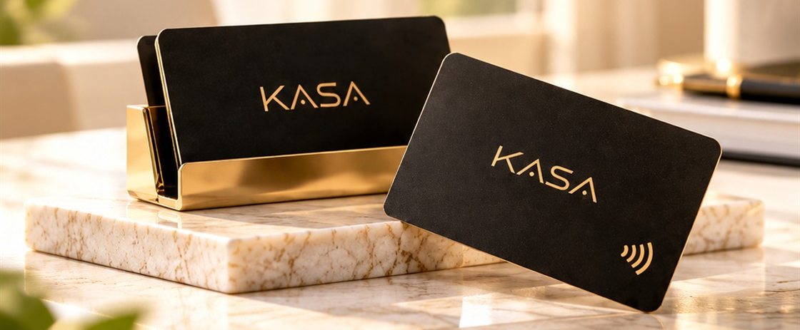 Two black KASA Business Connect cards on a marble desk, one in a gold holder