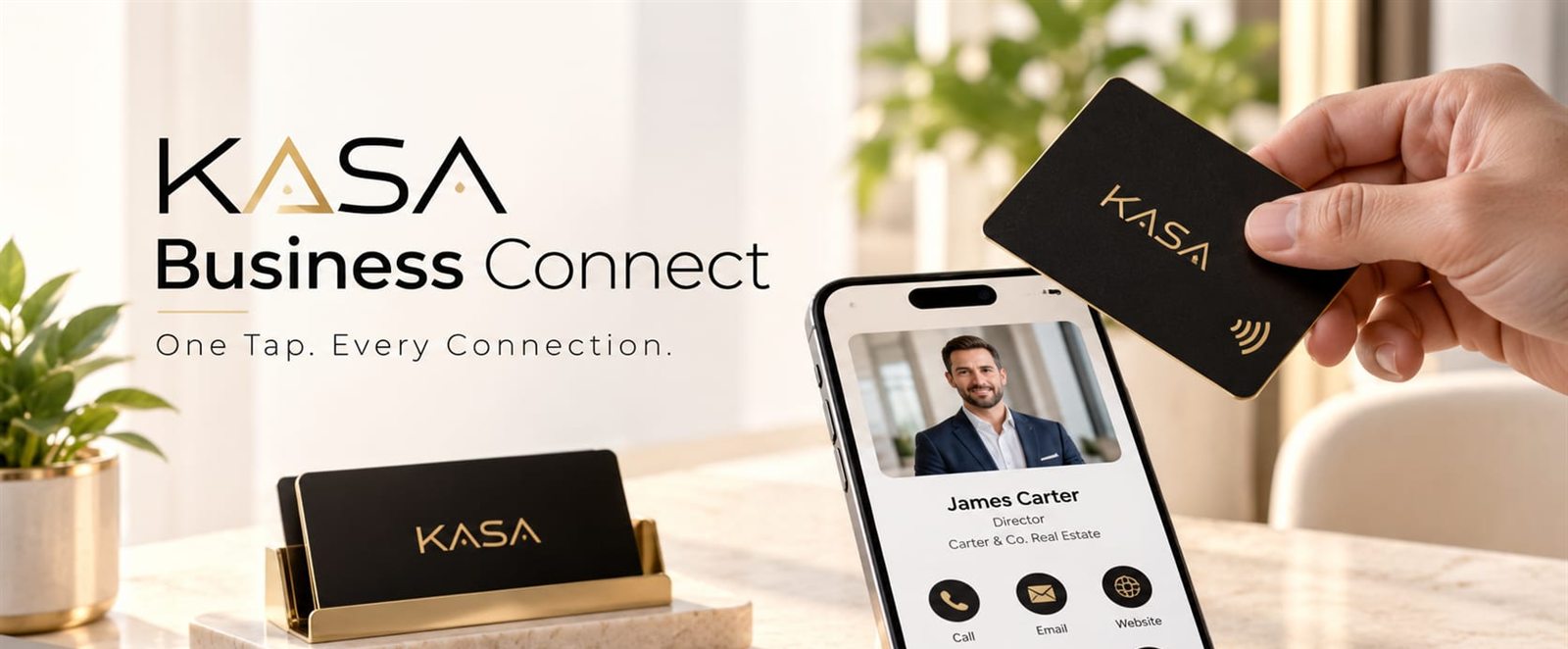 KASA Business Connect. One Tap. Every Connection. A phone shows an agent profile after a KASA card is tapped against it.