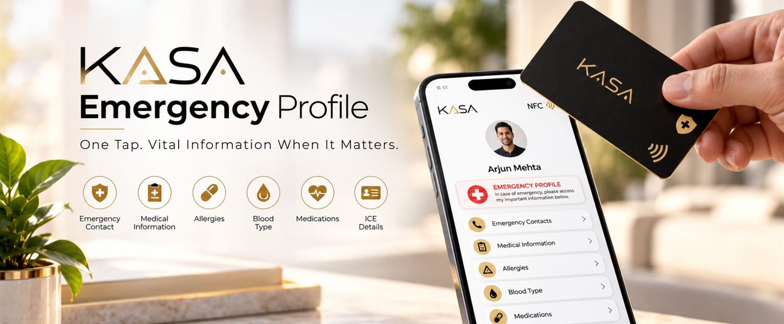 KASA Emergency Profile. One Tap. Vital Information When It Matters. A phone shows an emergency profile after a KASA card is tapped against it.
